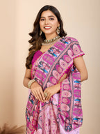 Vedant Vastram Maslin Cotton Digital Printed & Embroidered Work Saree - Baby Pink | Grocsy