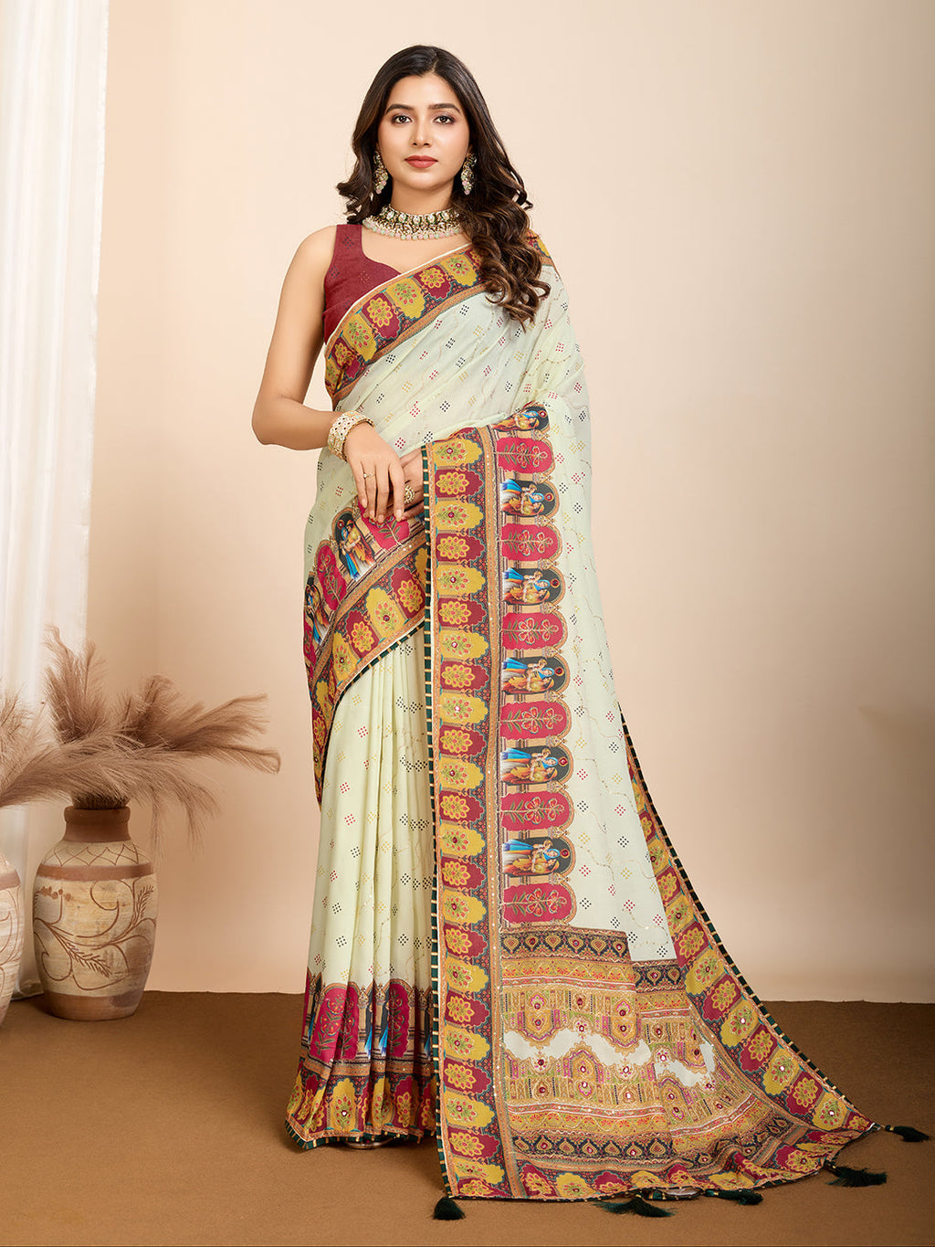 Vedant Vastram Maslin Cotton Digital Printed & Embroidered Work Saree - Beige | Grocsy
