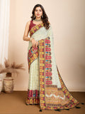 Vedant Vastram Maslin Cotton Digital Printed & Embroidered Work Saree - Beige | Grocsy