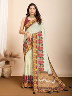 Vedant Vastram Maslin Cotton Digital Printed & Embroidered Work Saree - Beige | Grocsy