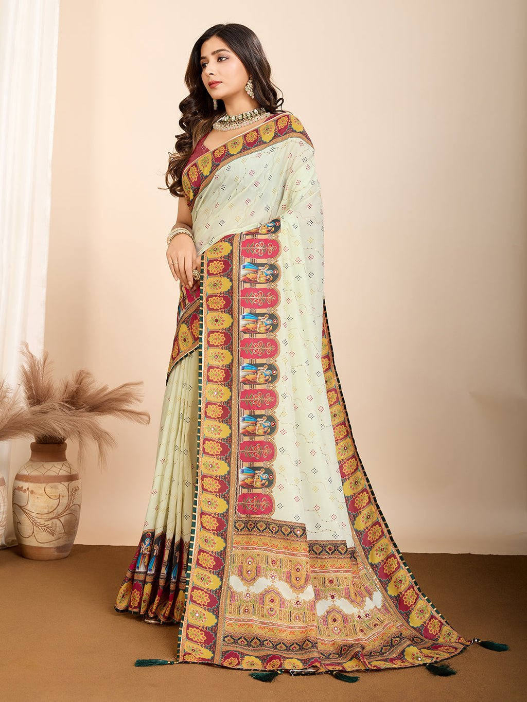 Vedant Vastram Maslin Cotton Digital Printed & Embroidered Work Saree - Beige | Grocsy