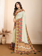 Vedant Vastram Maslin Cotton Digital Printed & Embroidered Work Saree - Beige | Grocsy