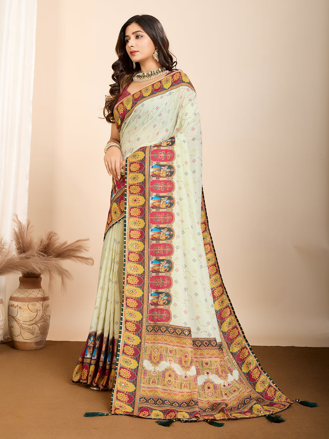 Vedant Vastram Maslin Cotton Digital Printed & Embroidered Work Saree - Beige | Grocsy