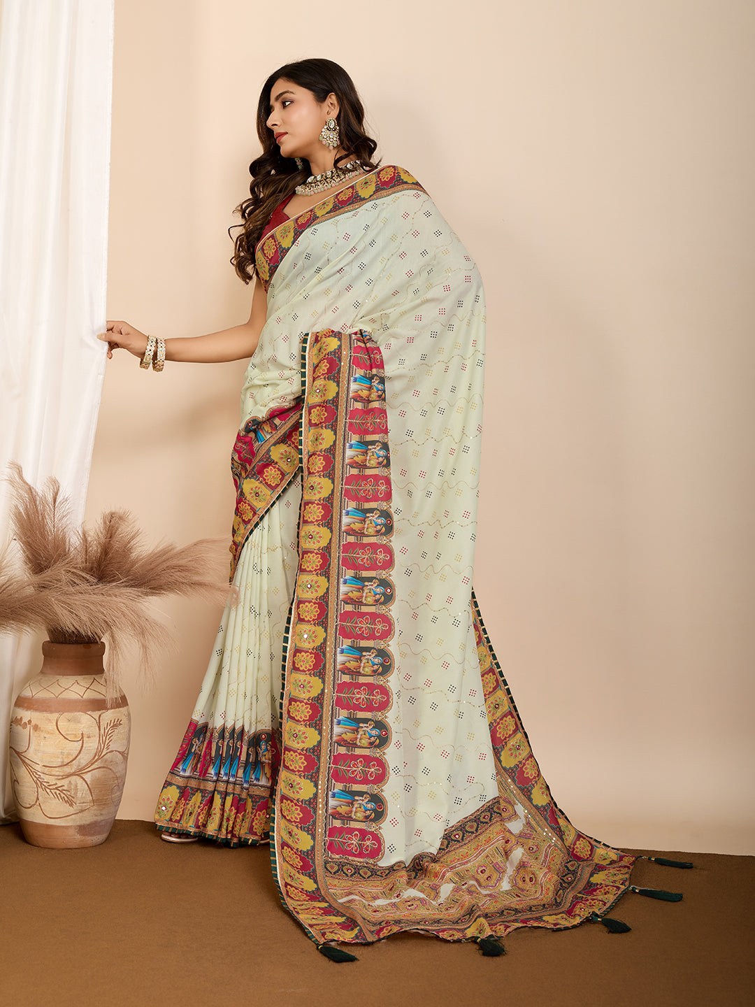 Vedant Vastram Maslin Cotton Digital Printed & Embroidered Work Saree - Beige | Grocsy
