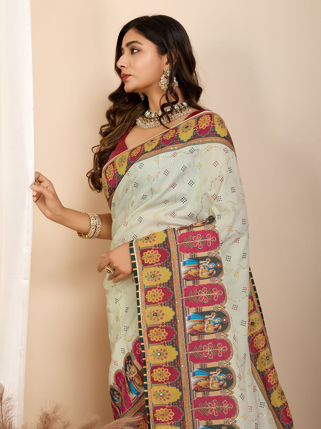 Vedant Vastram Maslin Cotton Digital Printed & Embroidered Work Saree - Beige | Grocsy