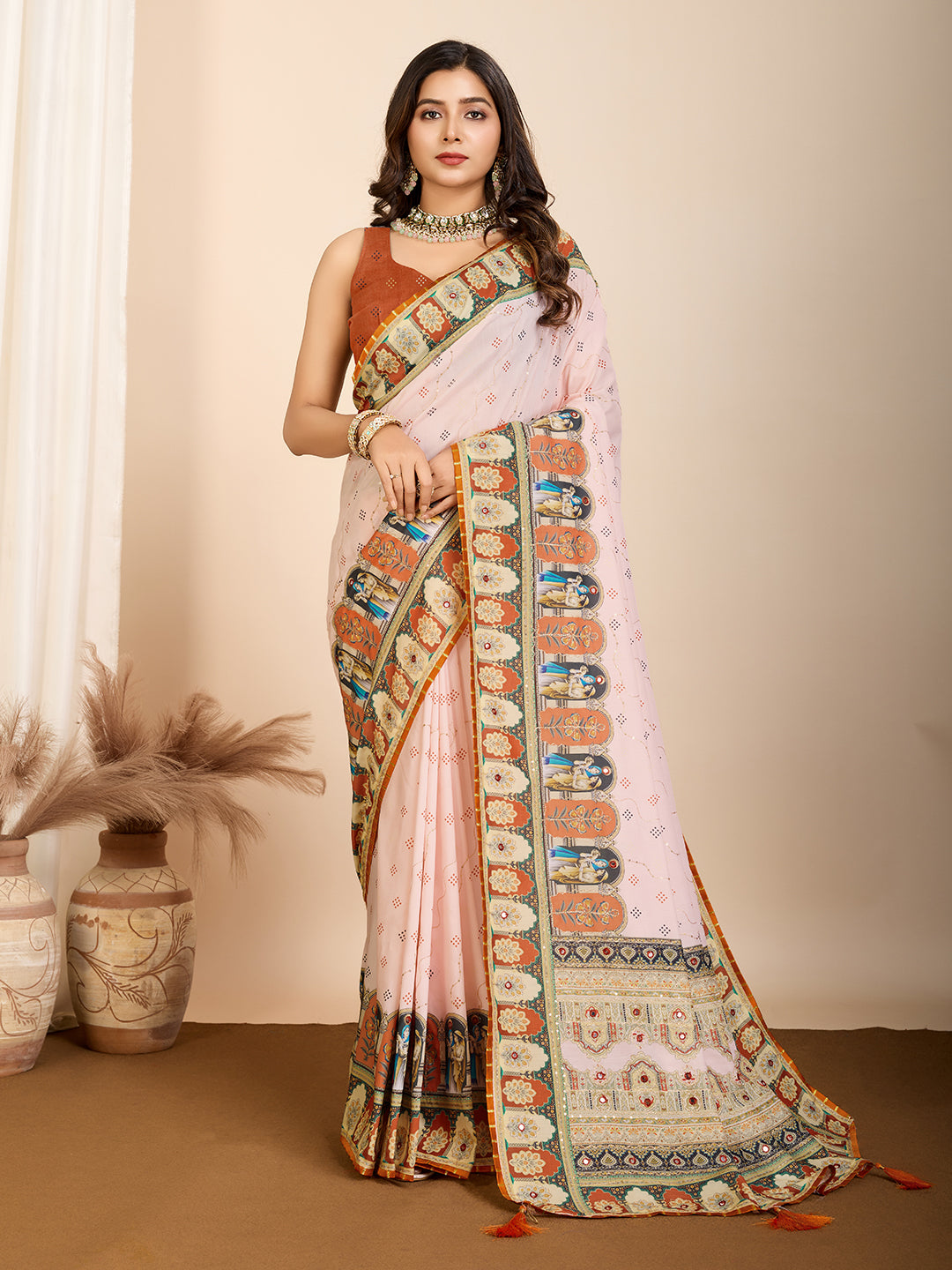 Vedant Vastram Maslin Cotton Digital Printed & Embroidered Work Saree - Orange | Grocsy