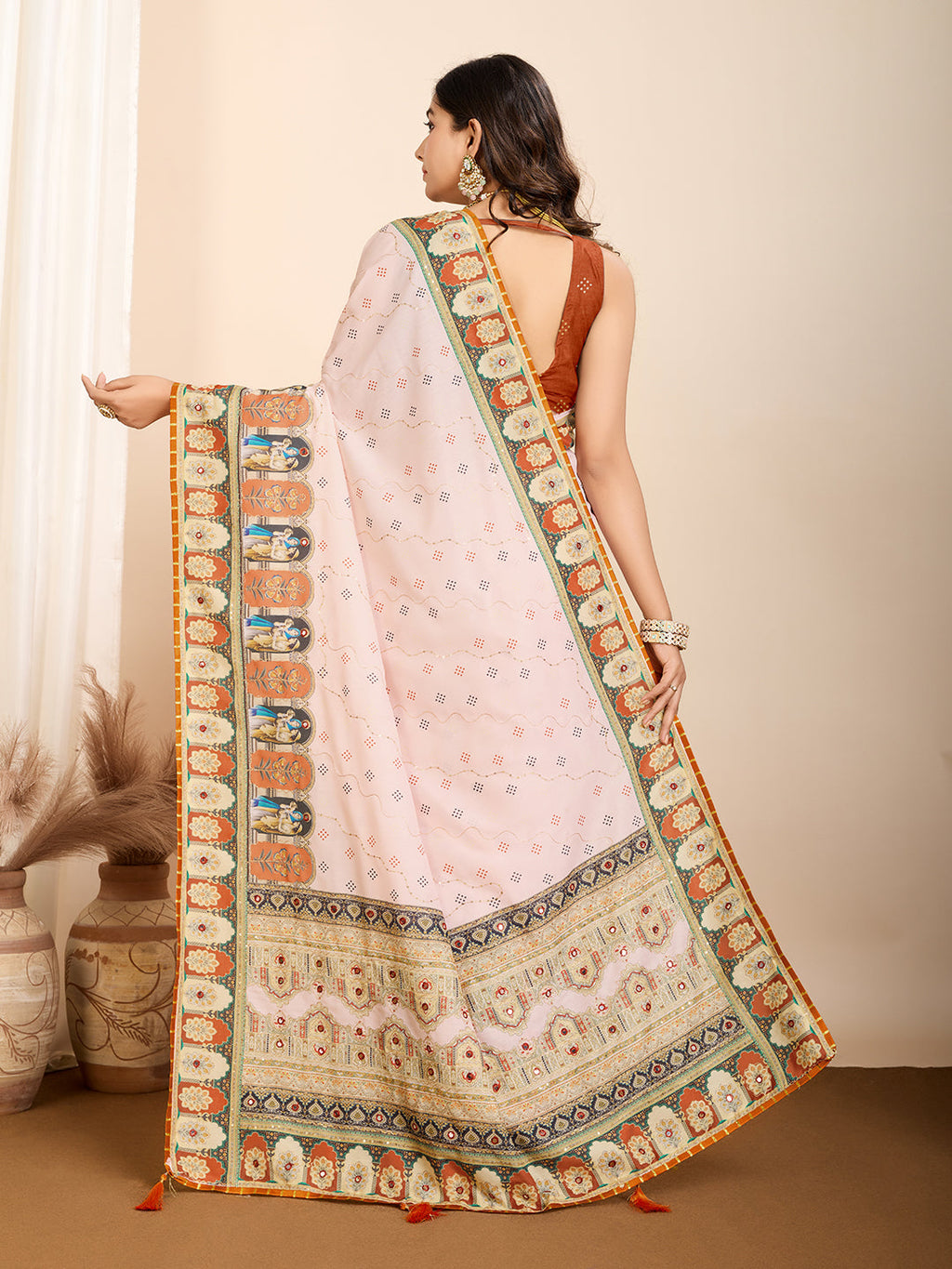 Vedant Vastram Maslin Cotton Digital Printed & Embroidered Work Saree - Orange | Grocsy