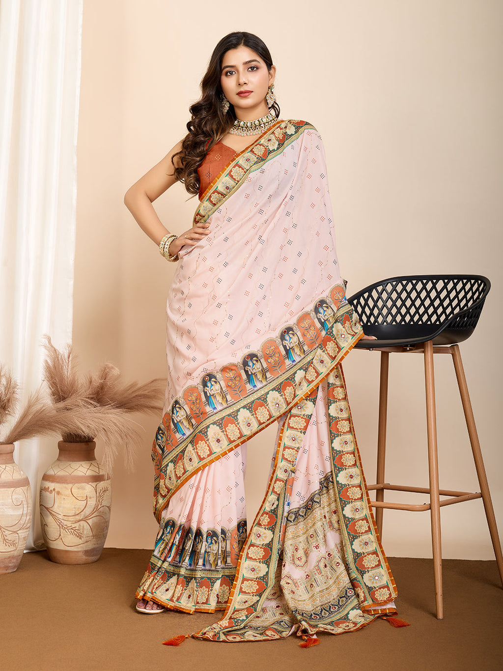 Vedant Vastram Maslin Cotton Digital Printed & Embroidered Work Saree - Orange | Grocsy