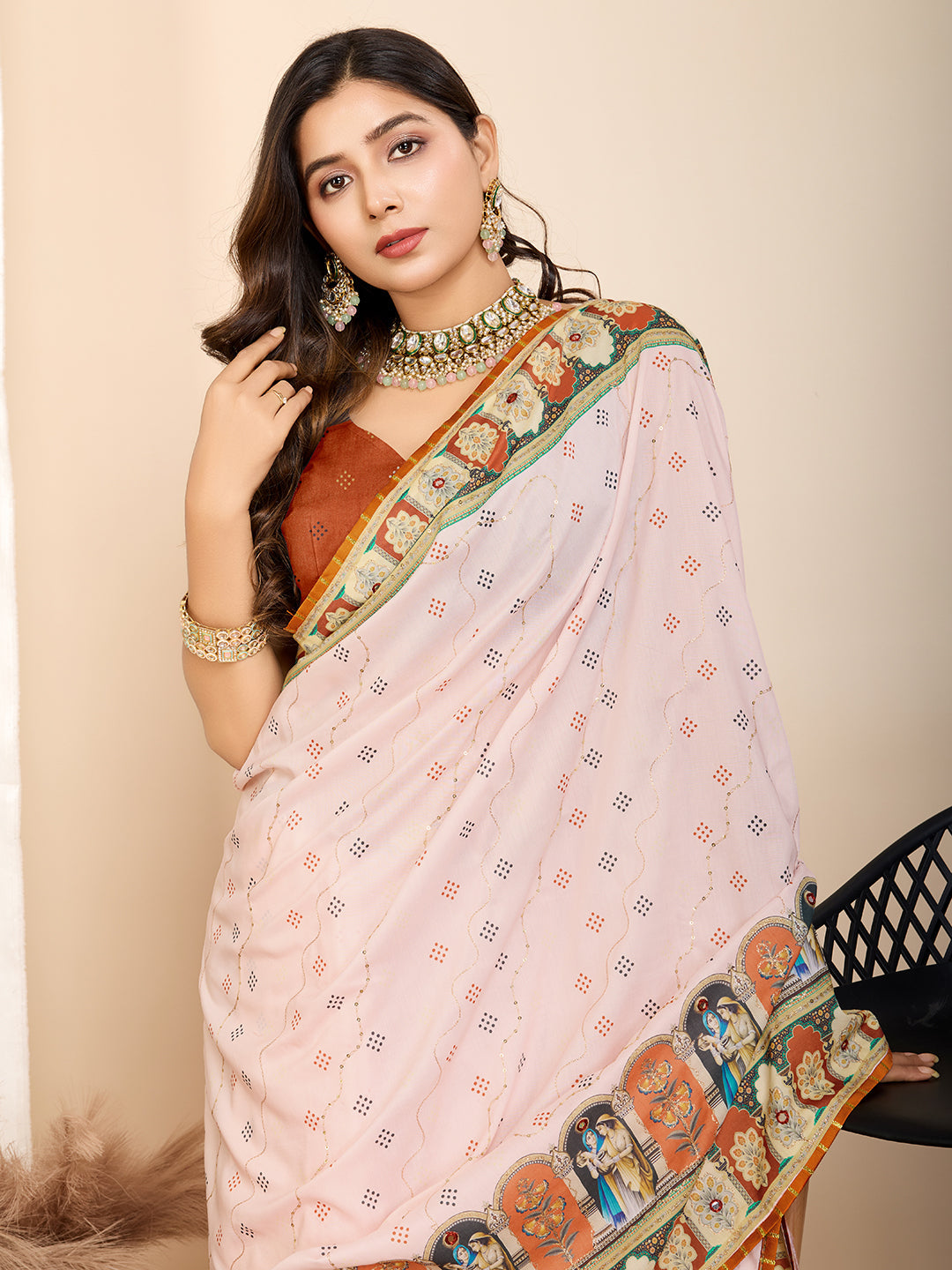 Vedant Vastram Maslin Cotton Digital Printed & Embroidered Work Saree - Orange | Grocsy