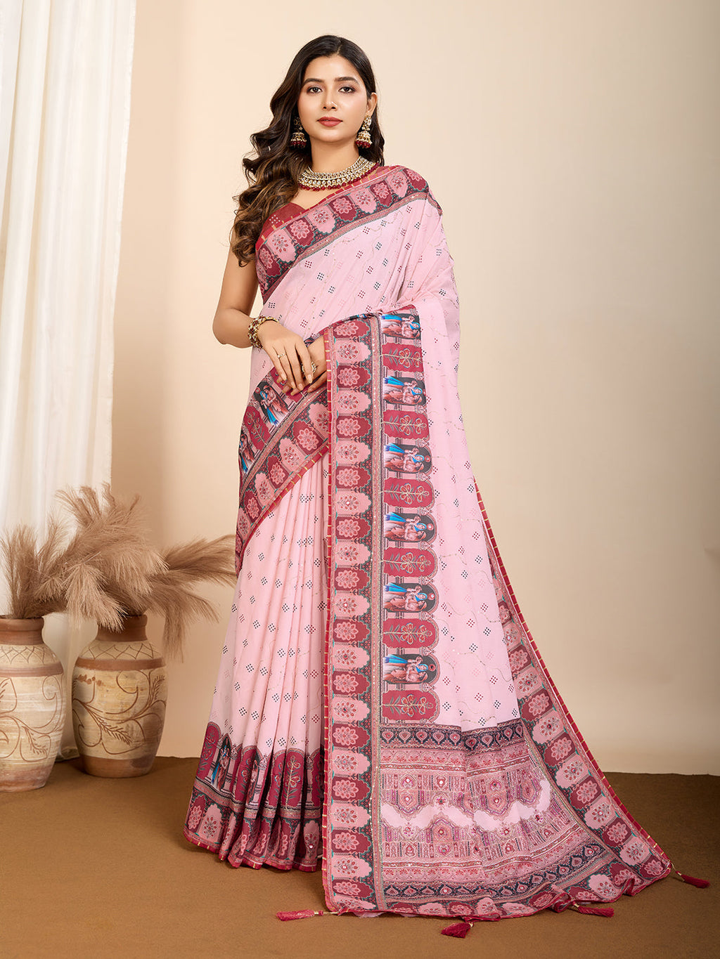 Vedant Vastram Maslin Cotton Digital Printed & Embroidered Work Saree - Pink | Grocsy