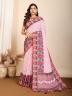 Vedant Vastram Maslin Cotton Digital Printed & Embroidered Work Saree - Pink | Grocsy