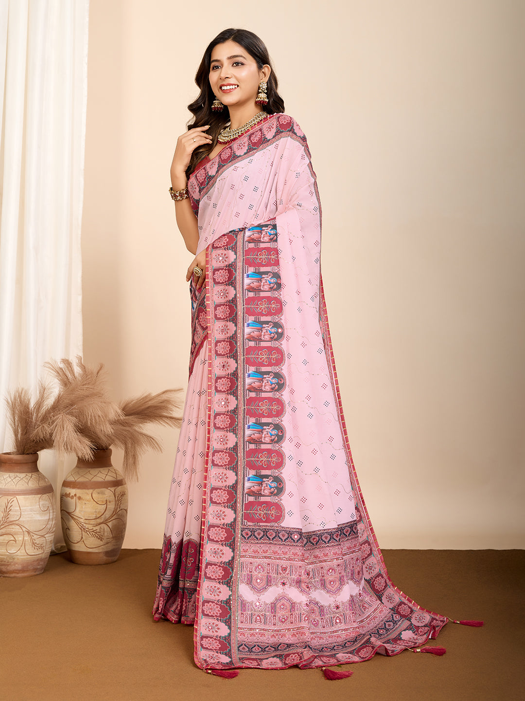 Vedant Vastram Maslin Cotton Digital Printed & Embroidered Work Saree - Pink | Grocsy