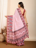 Vedant Vastram Maslin Cotton Digital Printed & Embroidered Work Saree - Pink | Grocsy