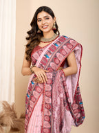 Vedant Vastram Maslin Cotton Digital Printed & Embroidered Work Saree - Pink | Grocsy