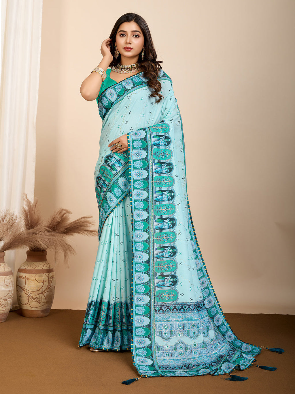 Vedant Vastram Maslin Cotton Digital Printed & Embroidered Work Saree - Turquoise | Grocsy