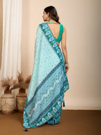 Vedant Vastram Maslin Cotton Digital Printed & Embroidered Work Saree - Turquoise | Grocsy