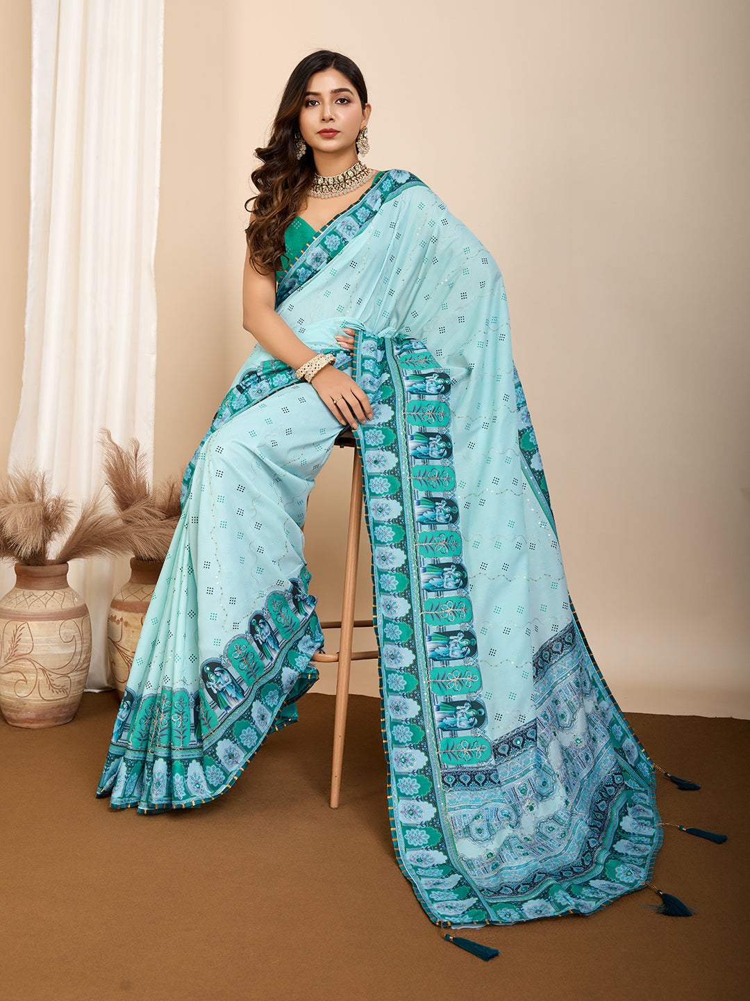 Vedant Vastram Maslin Cotton Digital Printed & Embroidered Work Saree - Turquoise | Grocsy