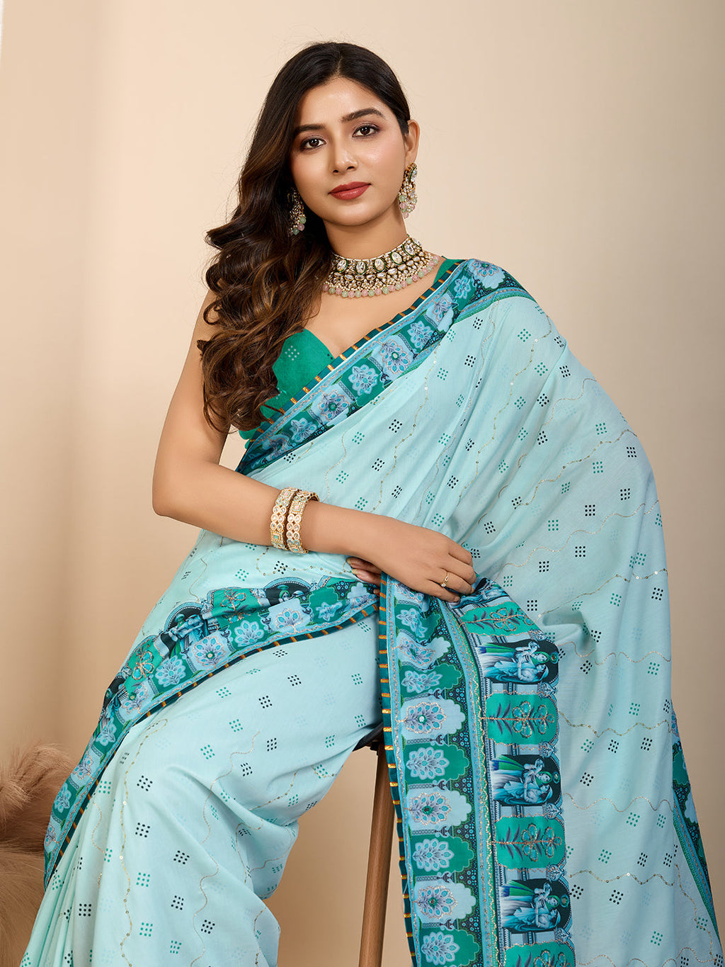 Vedant Vastram Maslin Cotton Digital Printed & Embroidered Work Saree - Turquoise | Grocsy