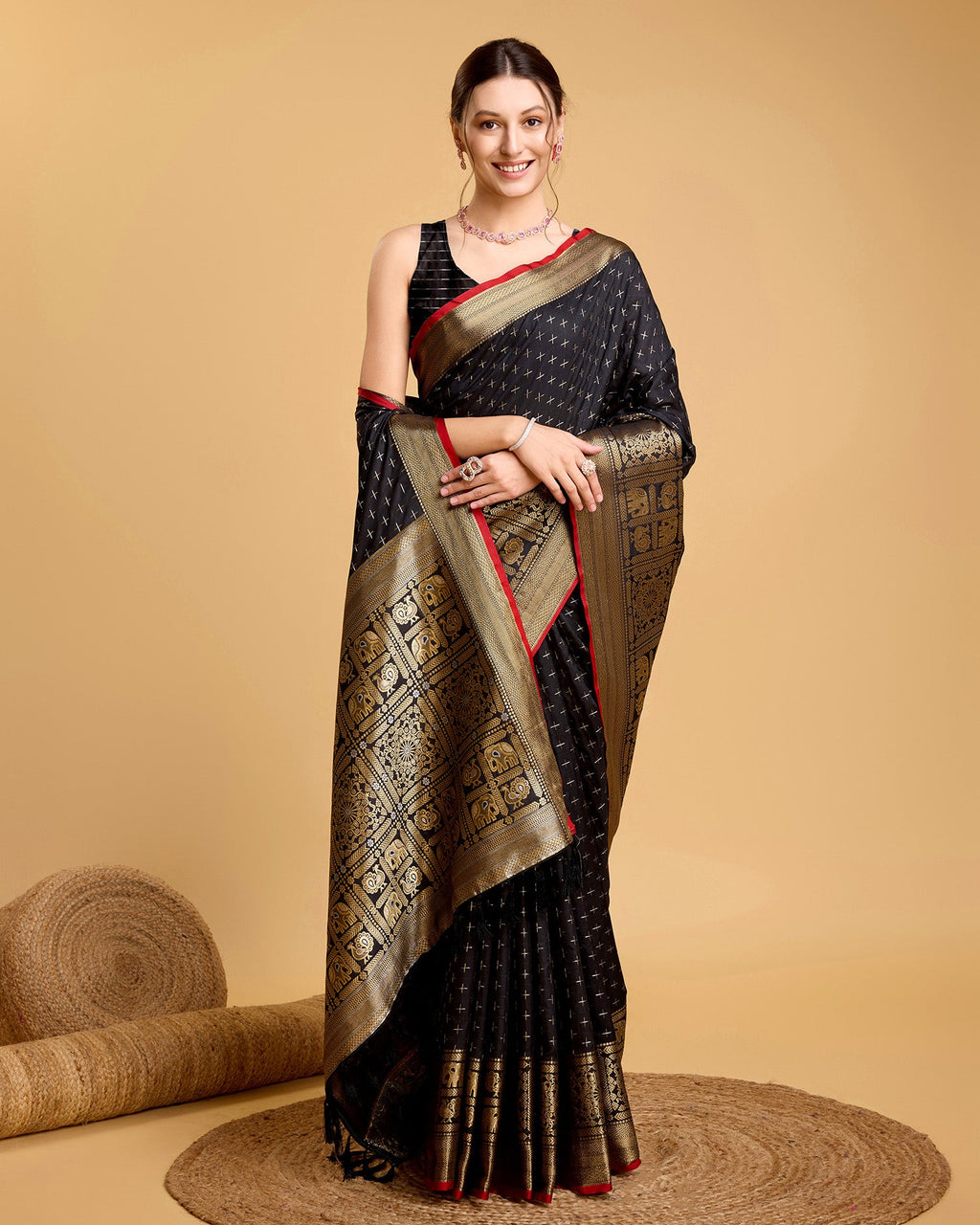 Vedant Vastram Soft Litchi Silk Banarasi Silk Saree - Black | Grocsy