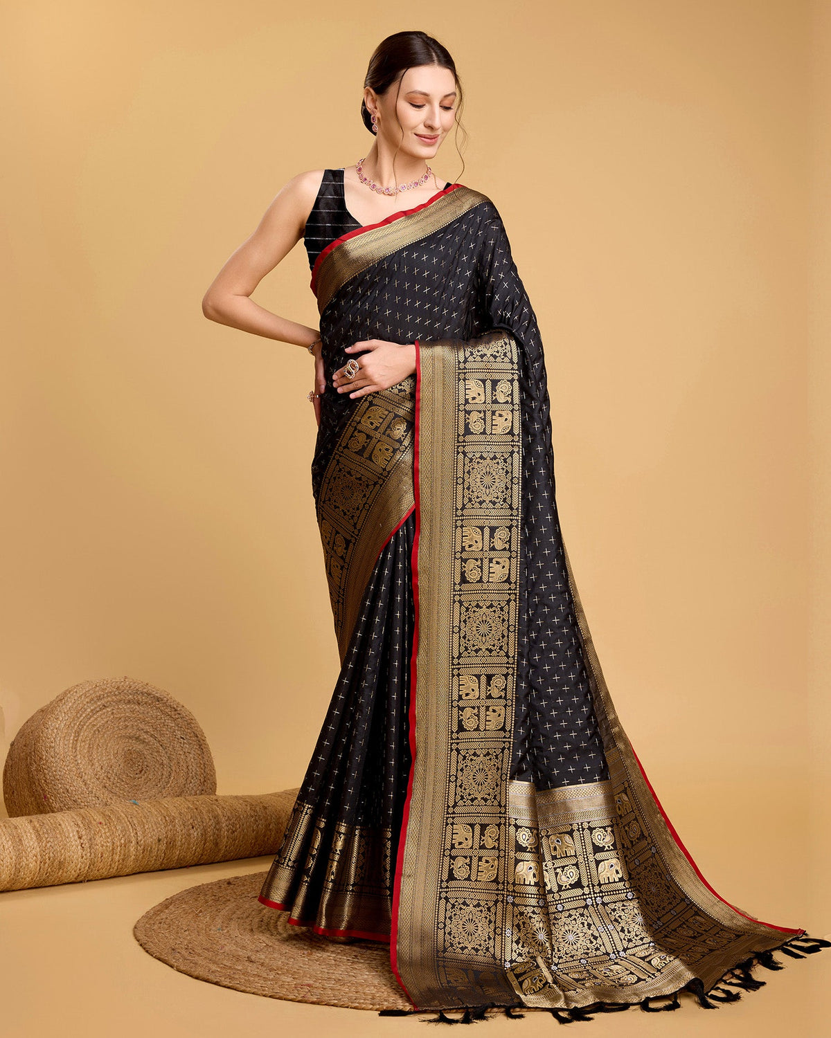 Vedant Vastram Soft Litchi Silk Banarasi Silk Saree - Black | Grocsy