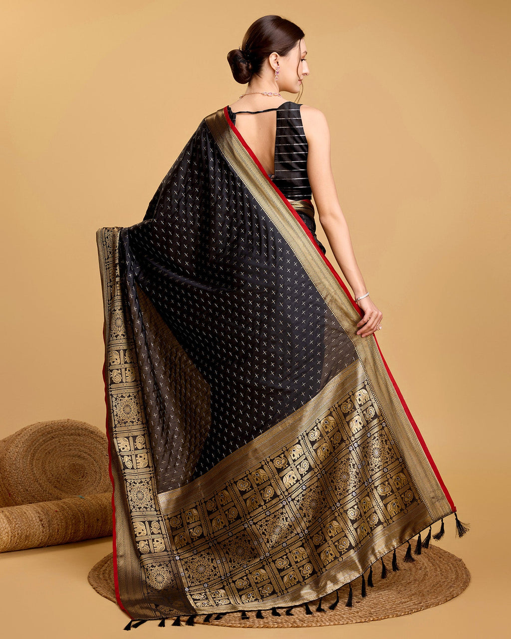 Vedant Vastram Soft Litchi Silk Banarasi Silk Saree - Black | Grocsy