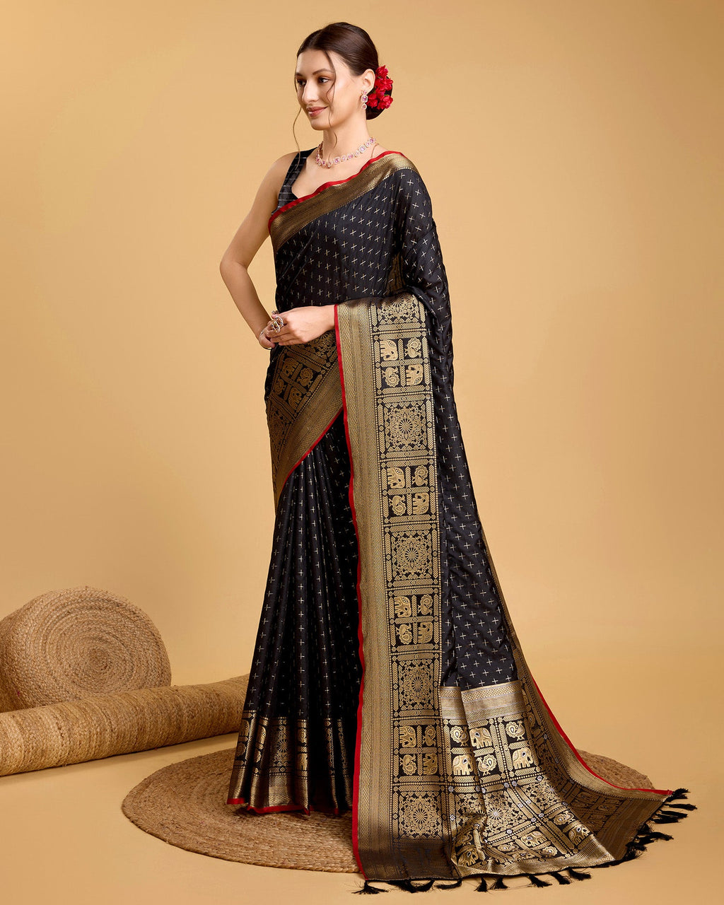 Vedant Vastram Soft Litchi Silk Banarasi Silk Saree - Black | Grocsy