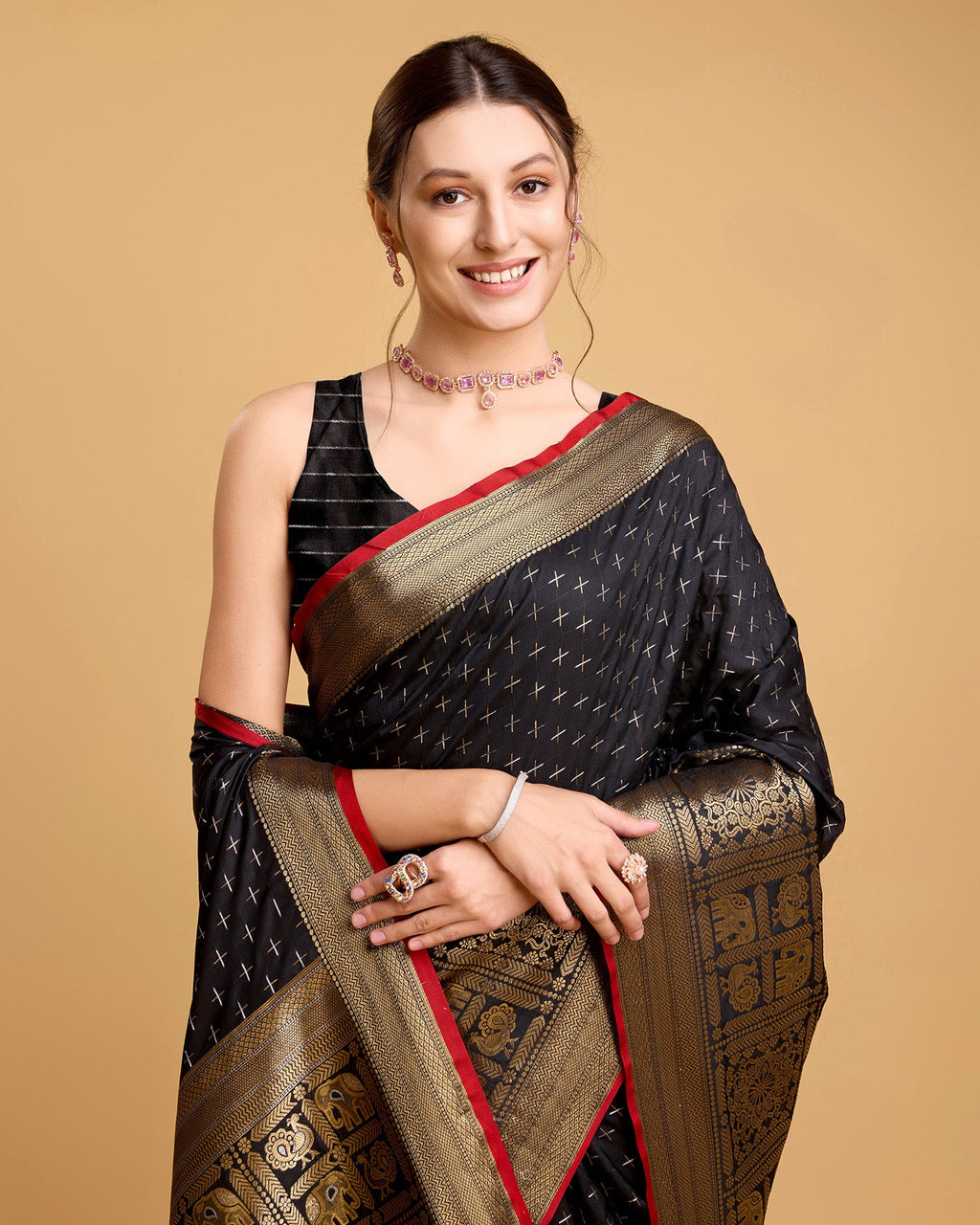Vedant Vastram Soft Litchi Silk Banarasi Silk Saree - Black | Grocsy