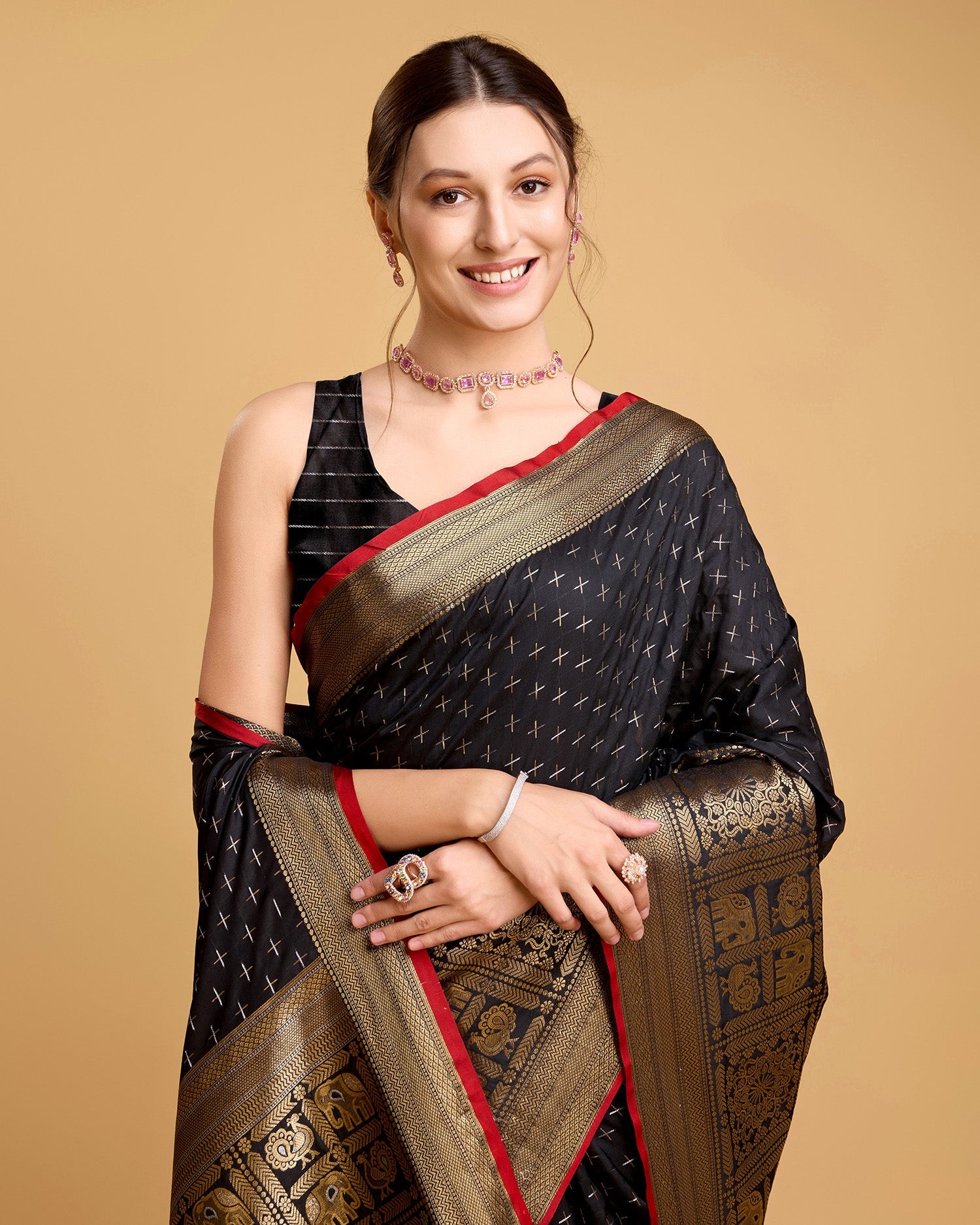 Vedant Vastram Soft Litchi Silk Banarasi Silk Saree - Black | Grocsy