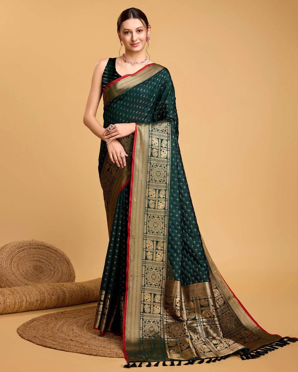 Vedant Vastram Soft Litchi Silk Banarasi Silk Saree - Green | Grocsy