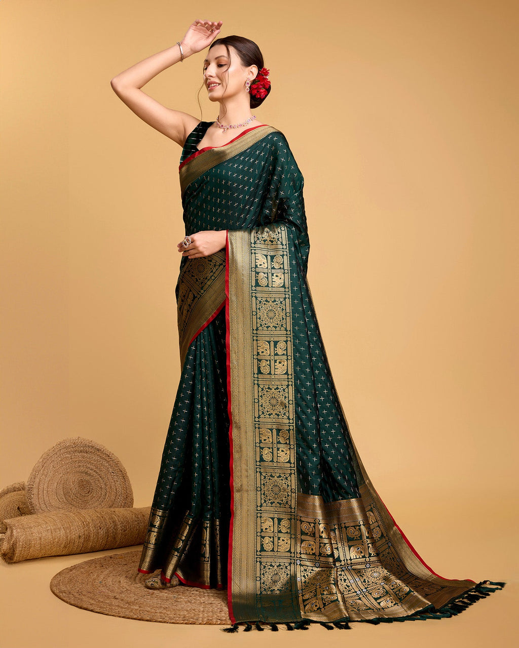 Vedant Vastram Soft Litchi Silk Banarasi Silk Saree - Green | Grocsy