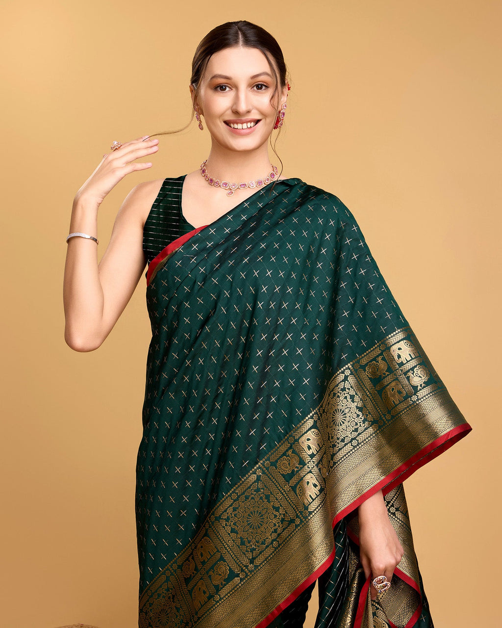 Vedant Vastram Soft Litchi Silk Banarasi Silk Saree - Green | Grocsy
