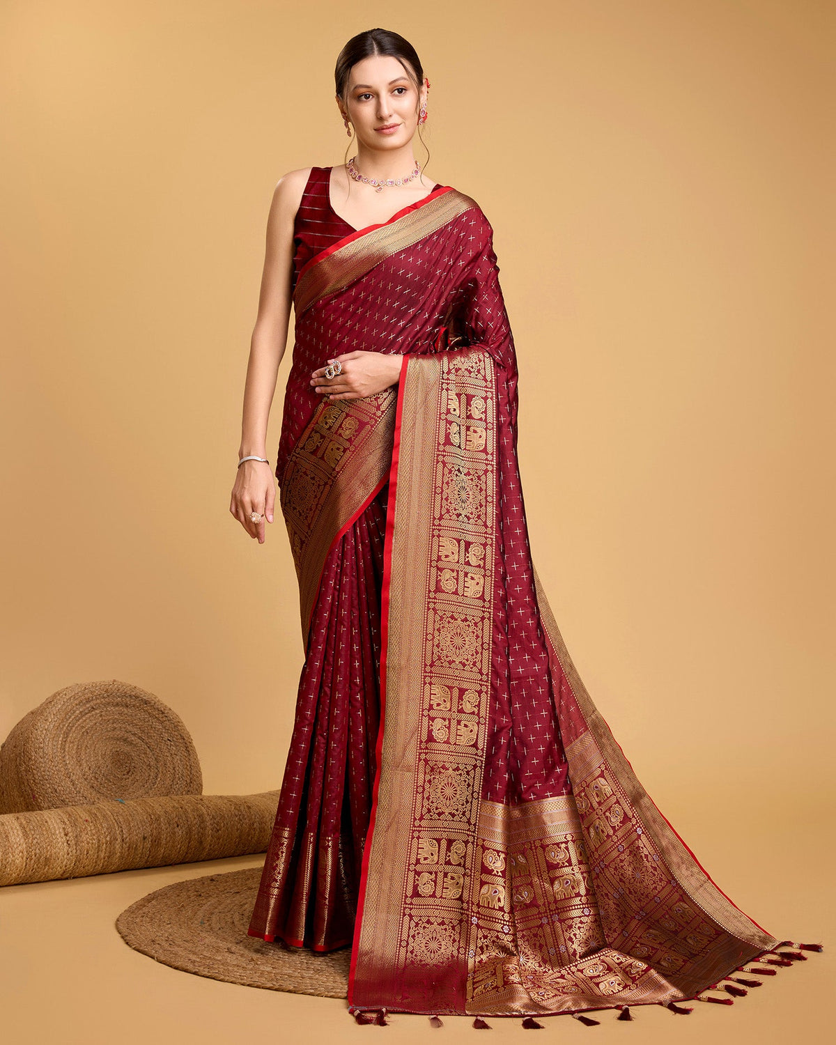 Vedant Vastram Soft Litchi Silk Banarasi Silk Saree - Maroon | Grocsy