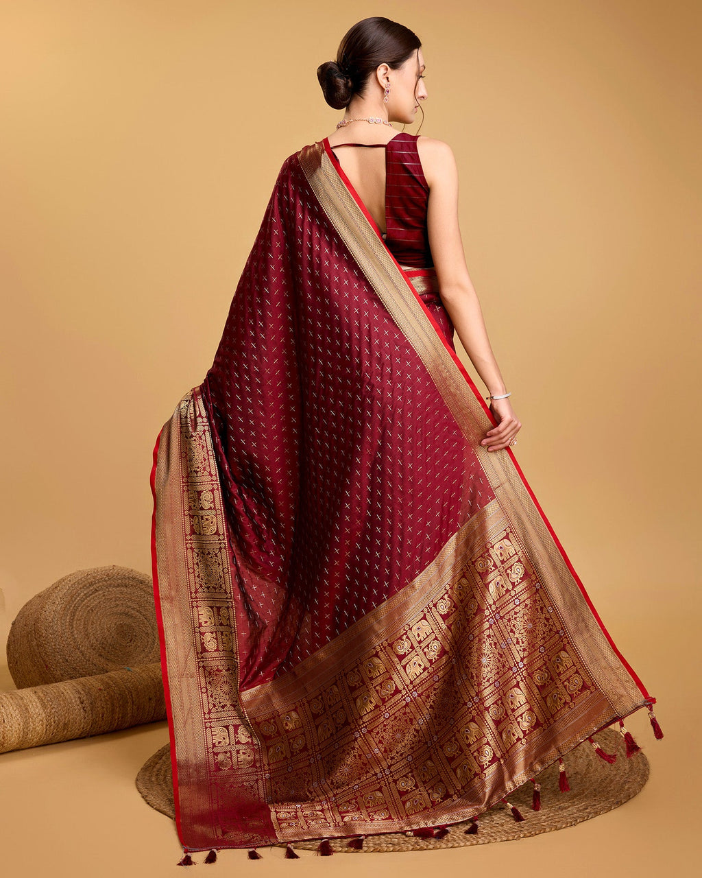 Vedant Vastram Soft Litchi Silk Banarasi Silk Saree - Maroon | Grocsy