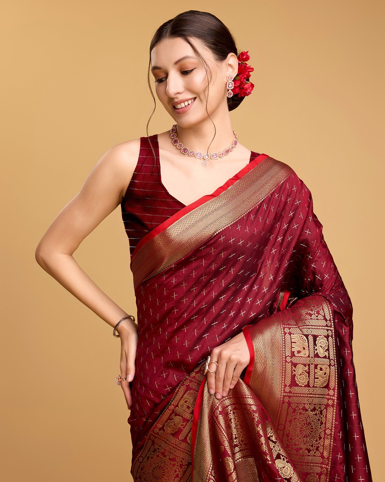 Vedant Vastram Soft Litchi Silk Banarasi Silk Saree - Maroon | Grocsy