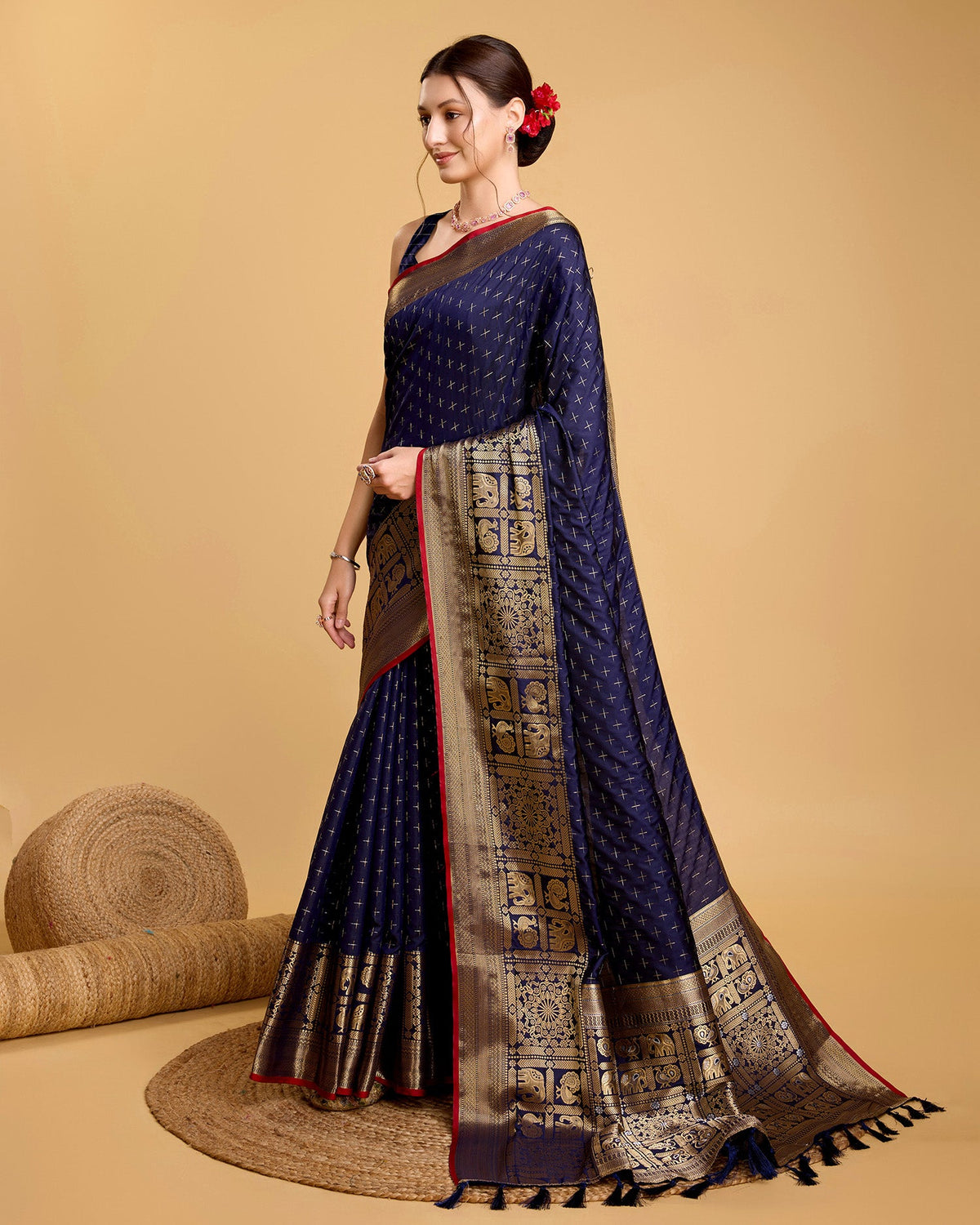 Vedant Vastram Soft Litchi Silk Banarasi Silk Saree - Navy | Grocsy