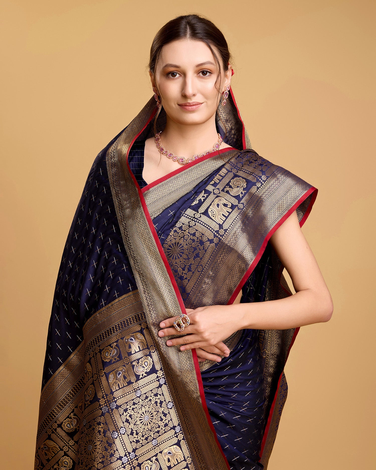Vedant Vastram Soft Litchi Silk Banarasi Silk Saree - Navy | Grocsy
