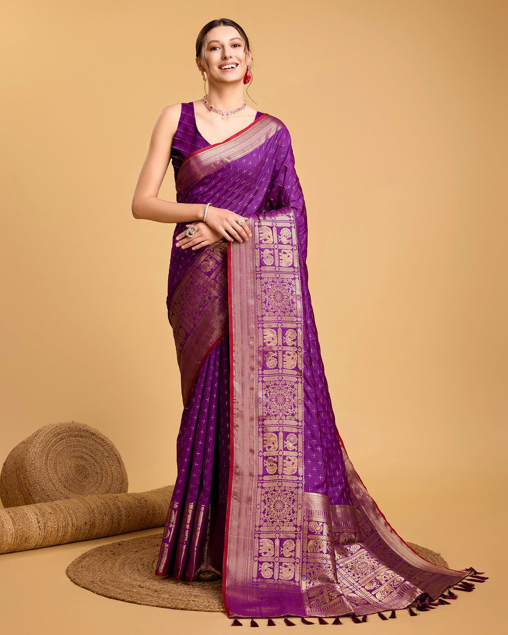 Vedant Vastram Soft Litchi Silk Banarasi Silk Saree - Purple | Grocsy