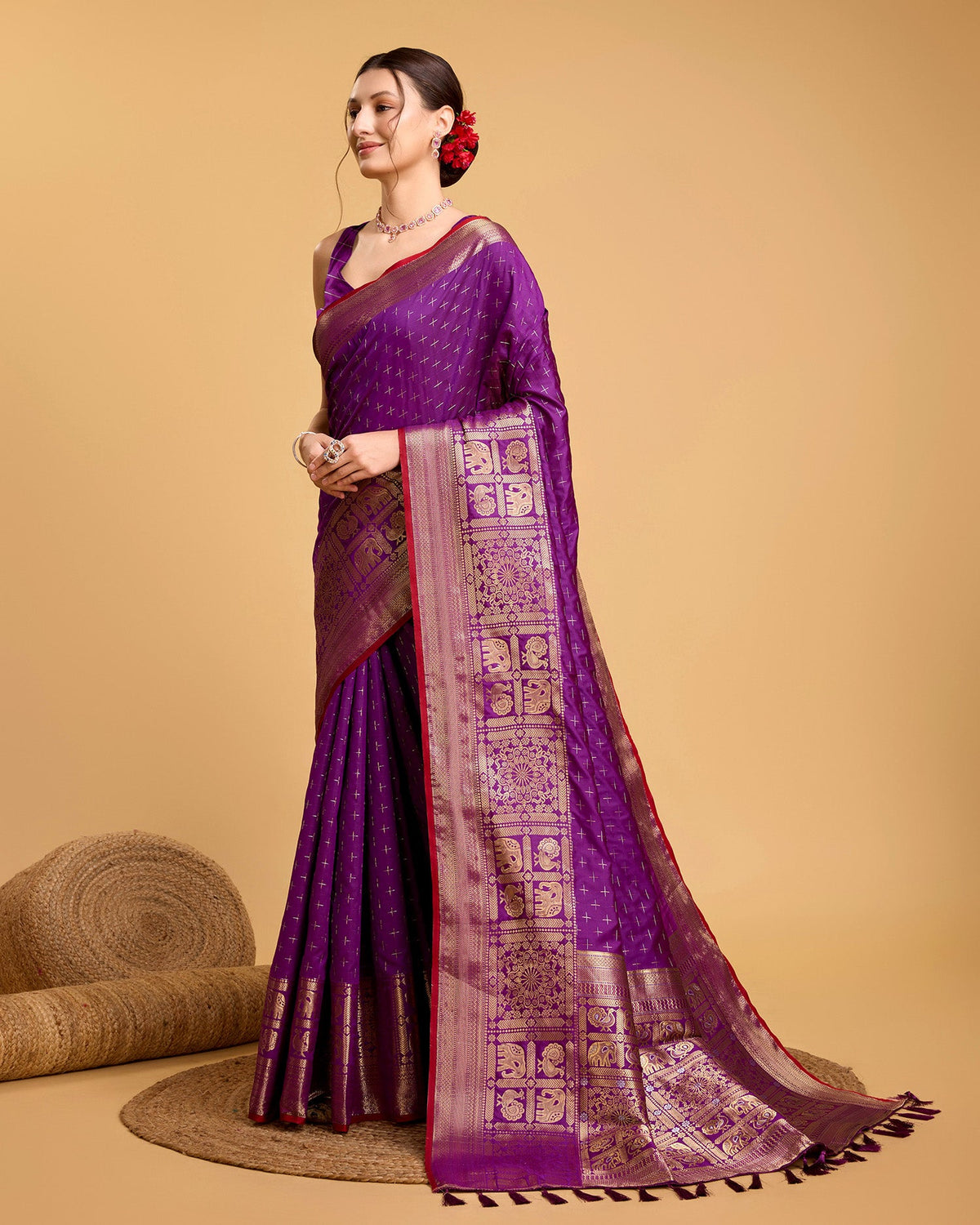 Vedant Vastram Soft Litchi Silk Banarasi Silk Saree - Purple | Grocsy
