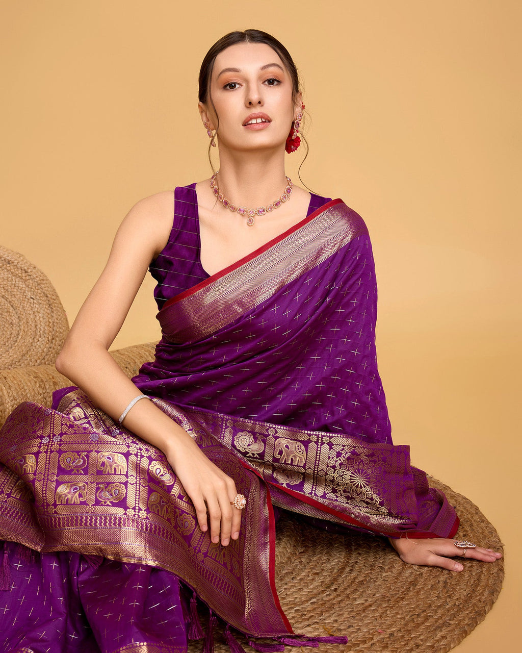 Vedant Vastram Soft Litchi Silk Banarasi Silk Saree - Purple | Grocsy