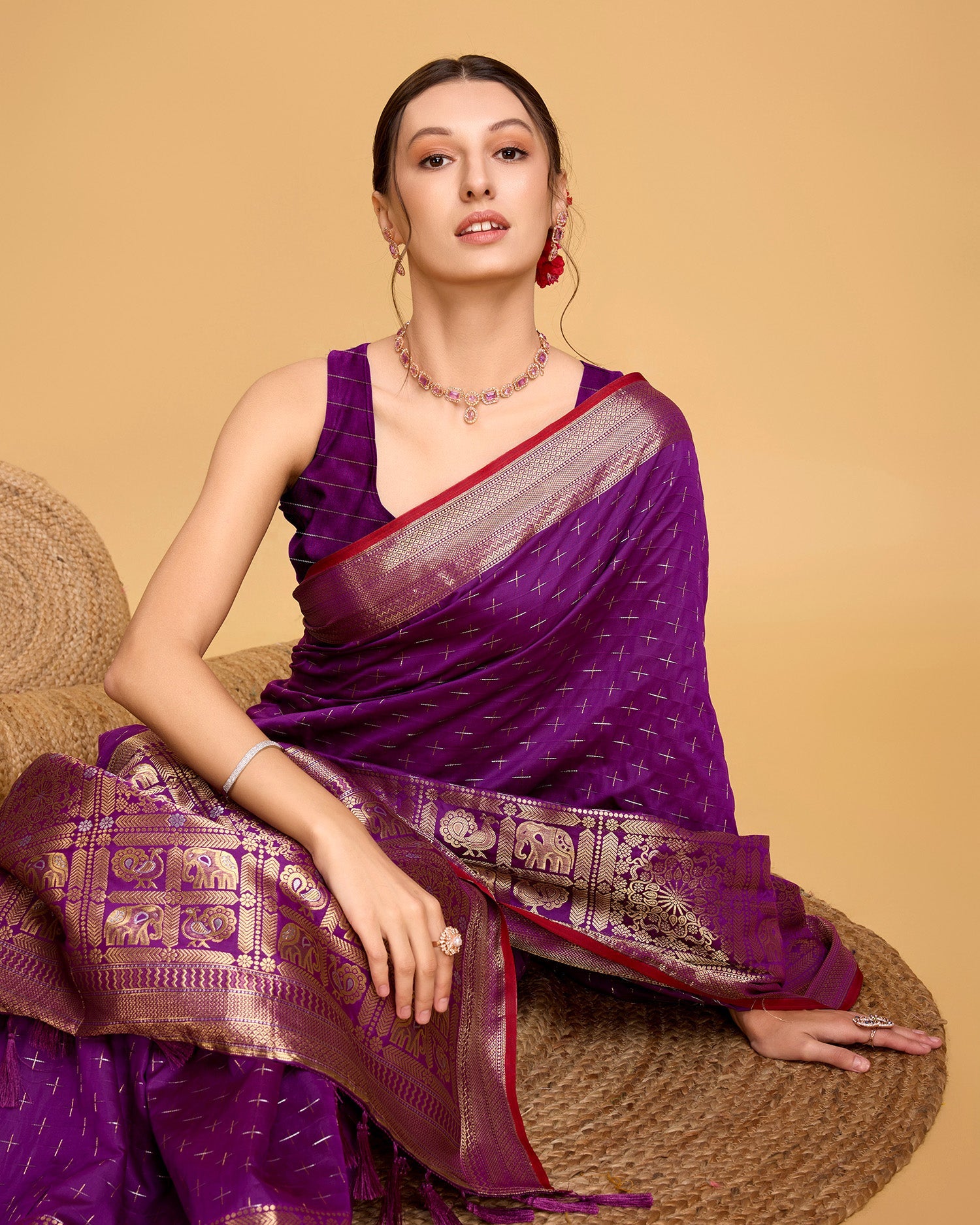 Vedant Vastram Soft Litchi Silk Banarasi Silk Saree - Purple | Grocsy