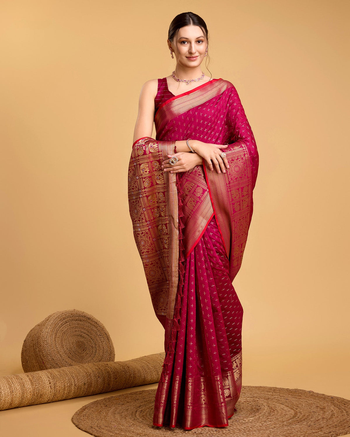 Vedant Vastram Soft Litchi Silk Banarasi Silk Saree - Rani | Grocsy