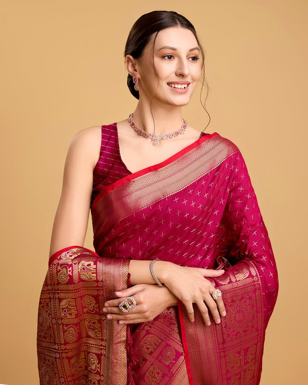 Vedant Vastram Soft Litchi Silk Banarasi Silk Saree - Rani | Grocsy