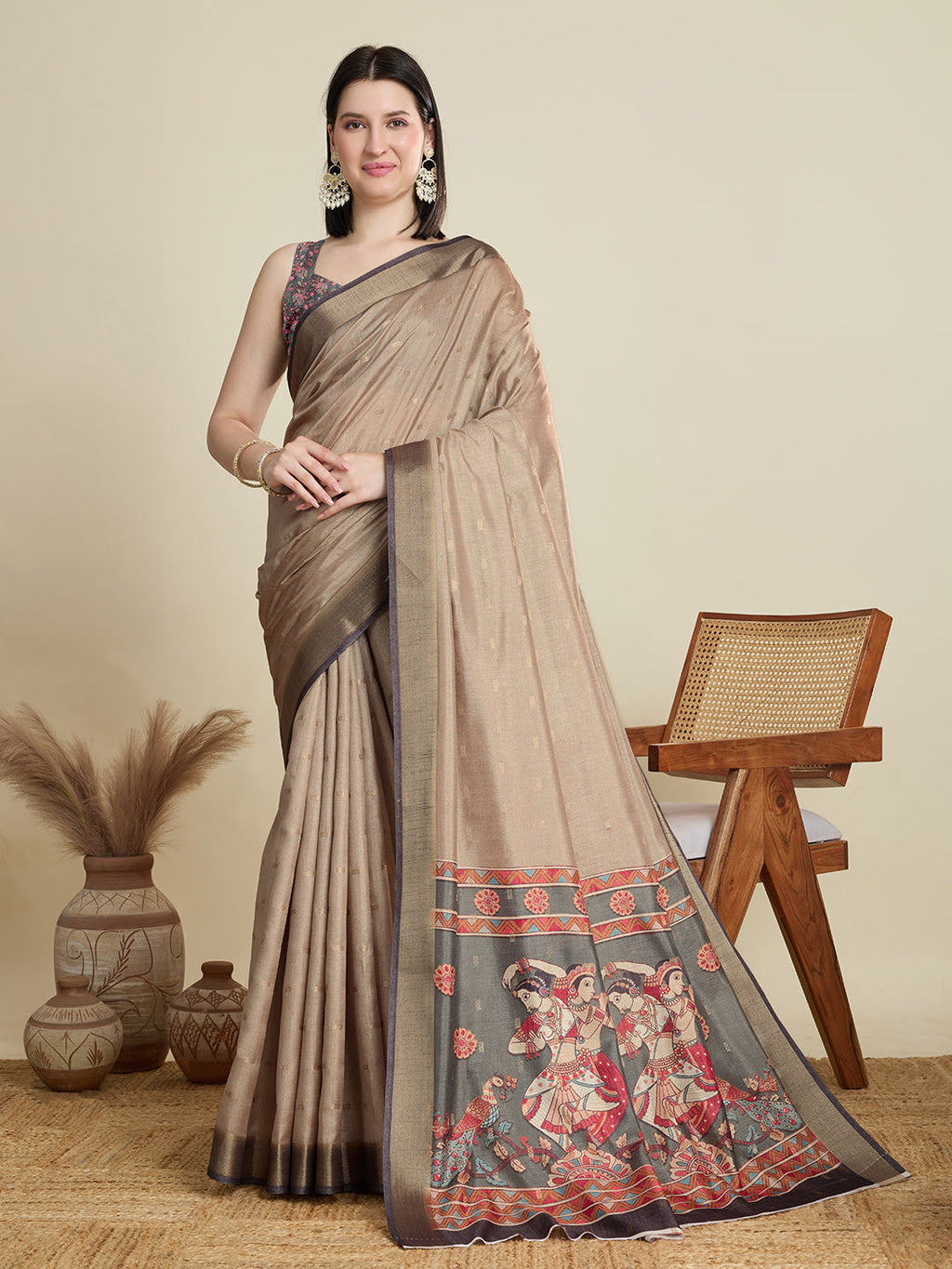 Vedant Vastram Cotton Silk Fancy Jacquard Bollywood Saree - Beige | Grocsy