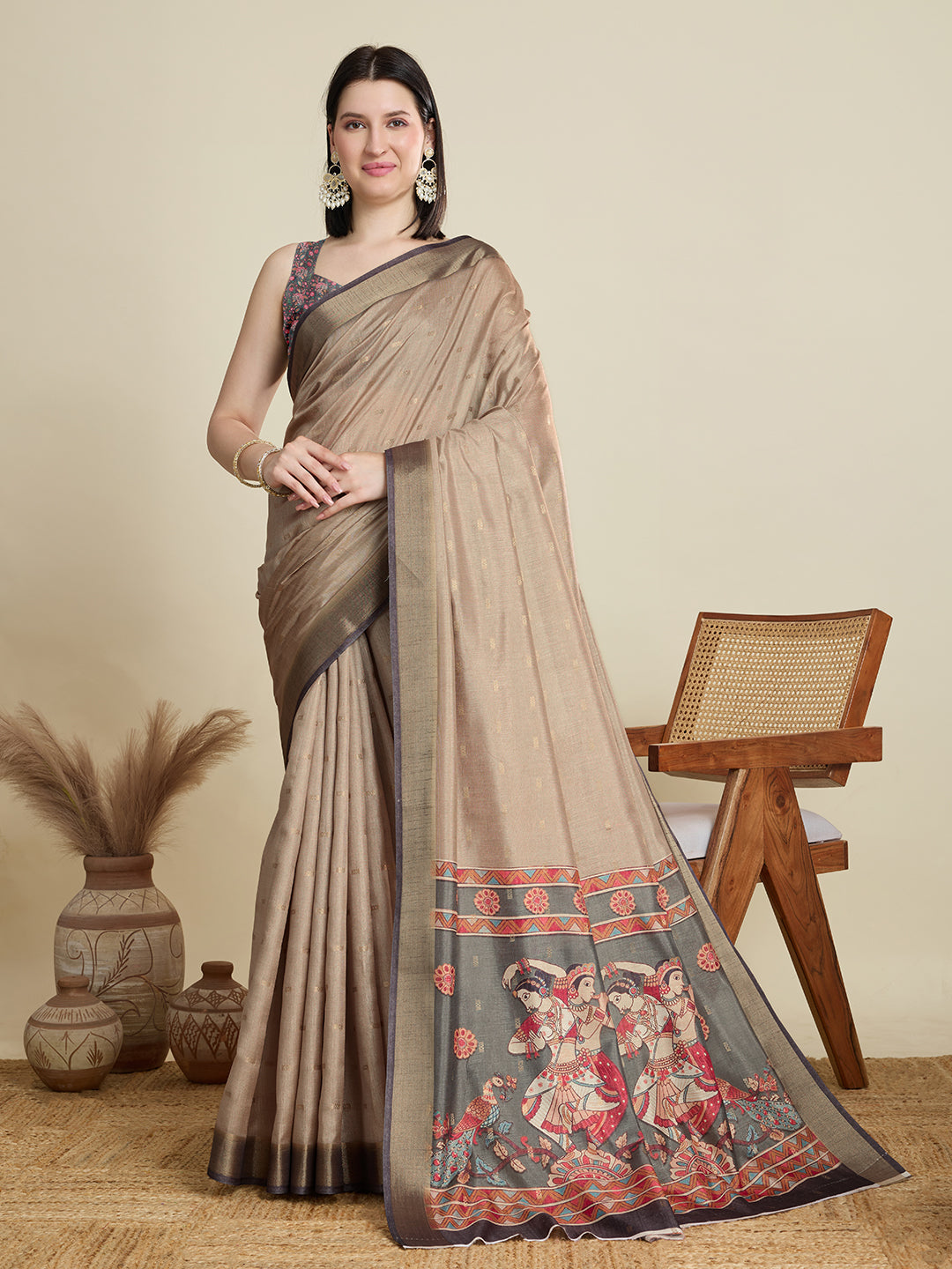 Vedant Vastram Cotton Silk Fancy Jacquard Bollywood Saree - Beige | Grocsy