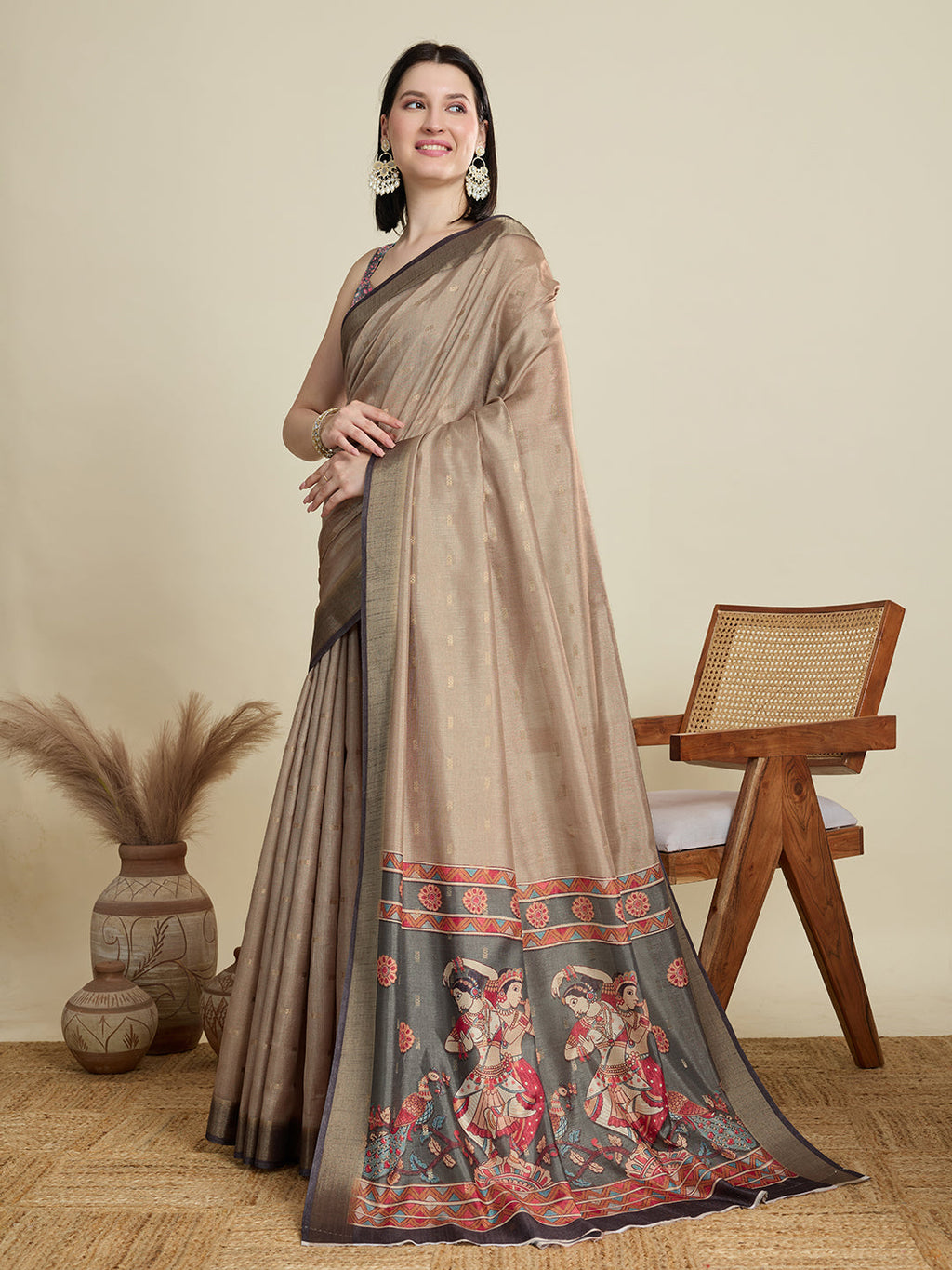 Vedant Vastram Cotton Silk Fancy Jacquard Bollywood Saree - Beige | Grocsy