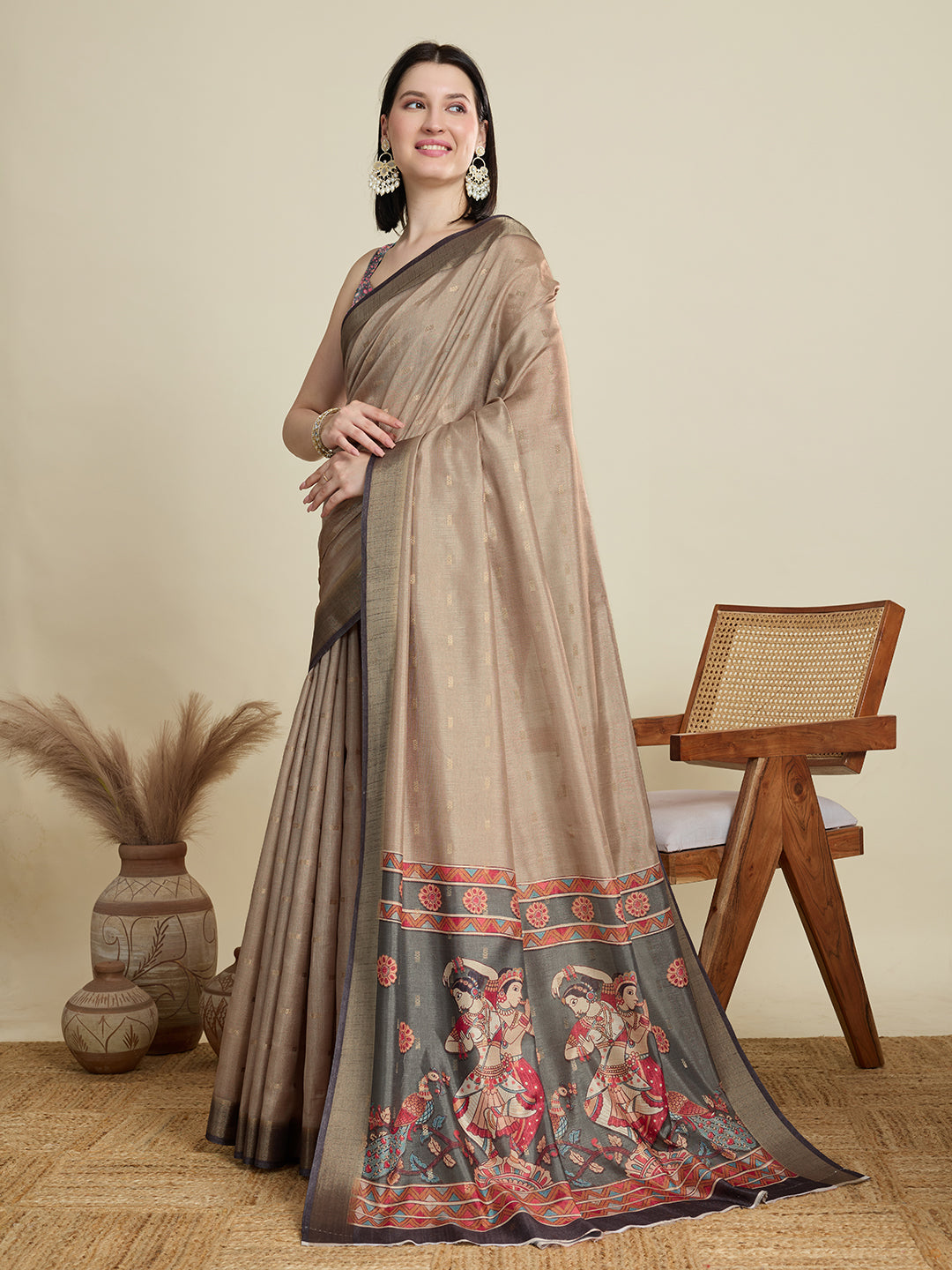 Vedant Vastram Cotton Silk Fancy Jacquard Bollywood Saree - Beige | Grocsy