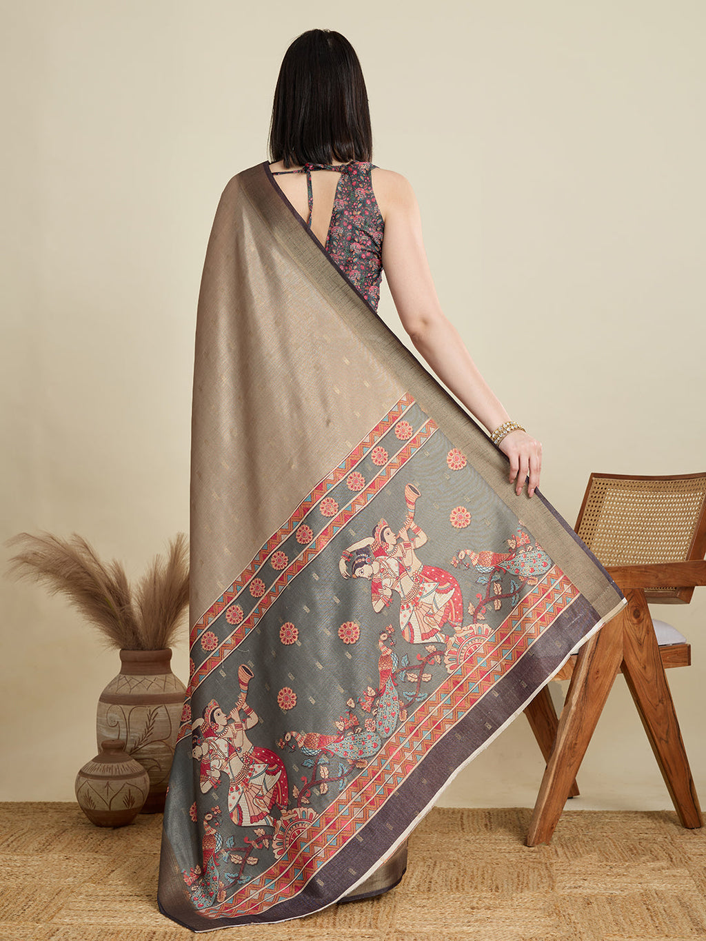 Vedant Vastram Cotton Silk Fancy Jacquard Bollywood Saree - Beige | Grocsy