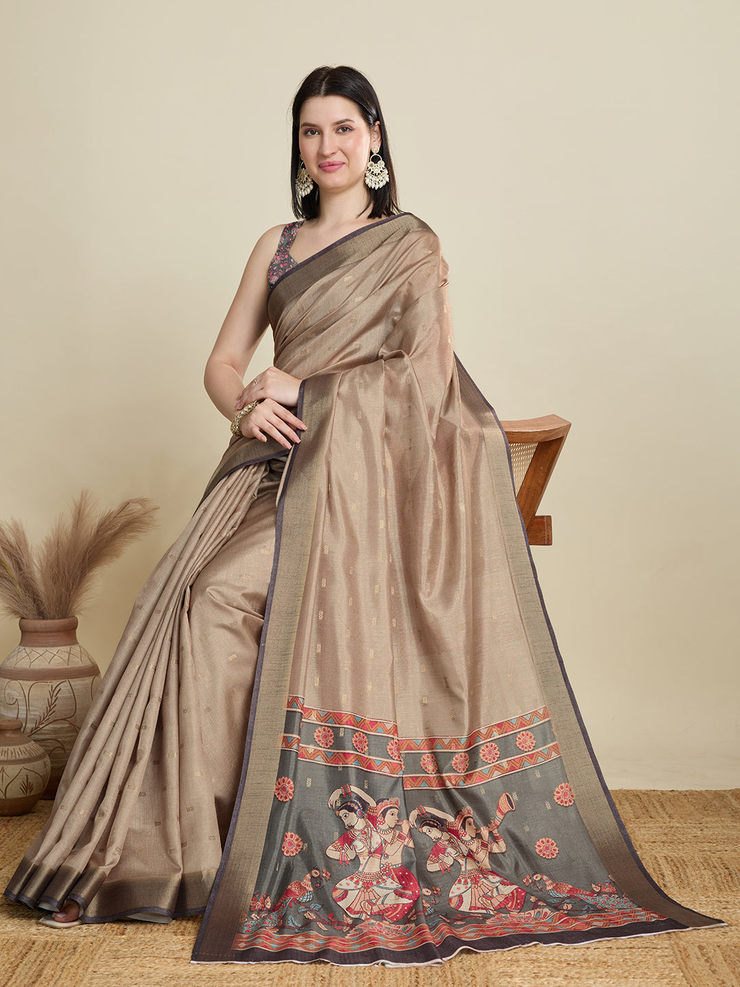 Vedant Vastram Cotton Silk Fancy Jacquard Bollywood Saree - Beige | Grocsy