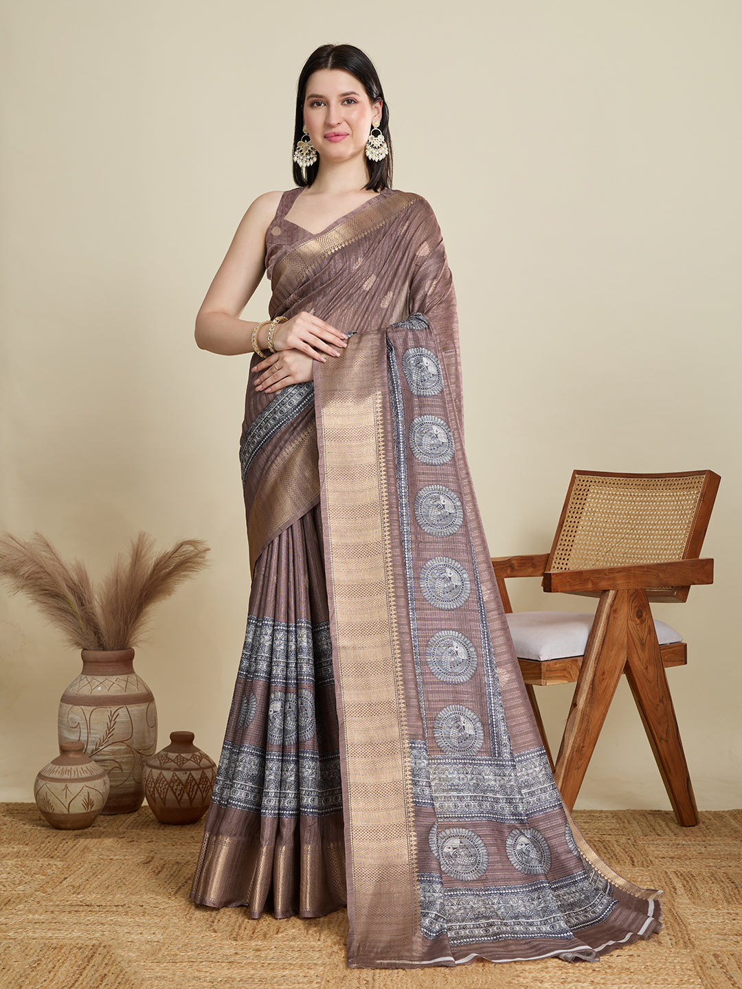 Vedant Vastram Cotton Silk Fancy Jacquard Bollywood Saree - Brown | Grocsy