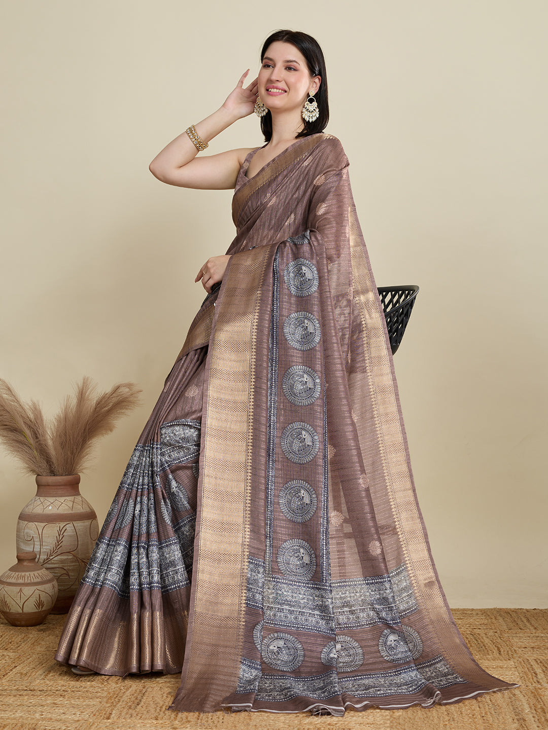Vedant Vastram Cotton Silk Fancy Jacquard Bollywood Saree - Brown | Grocsy